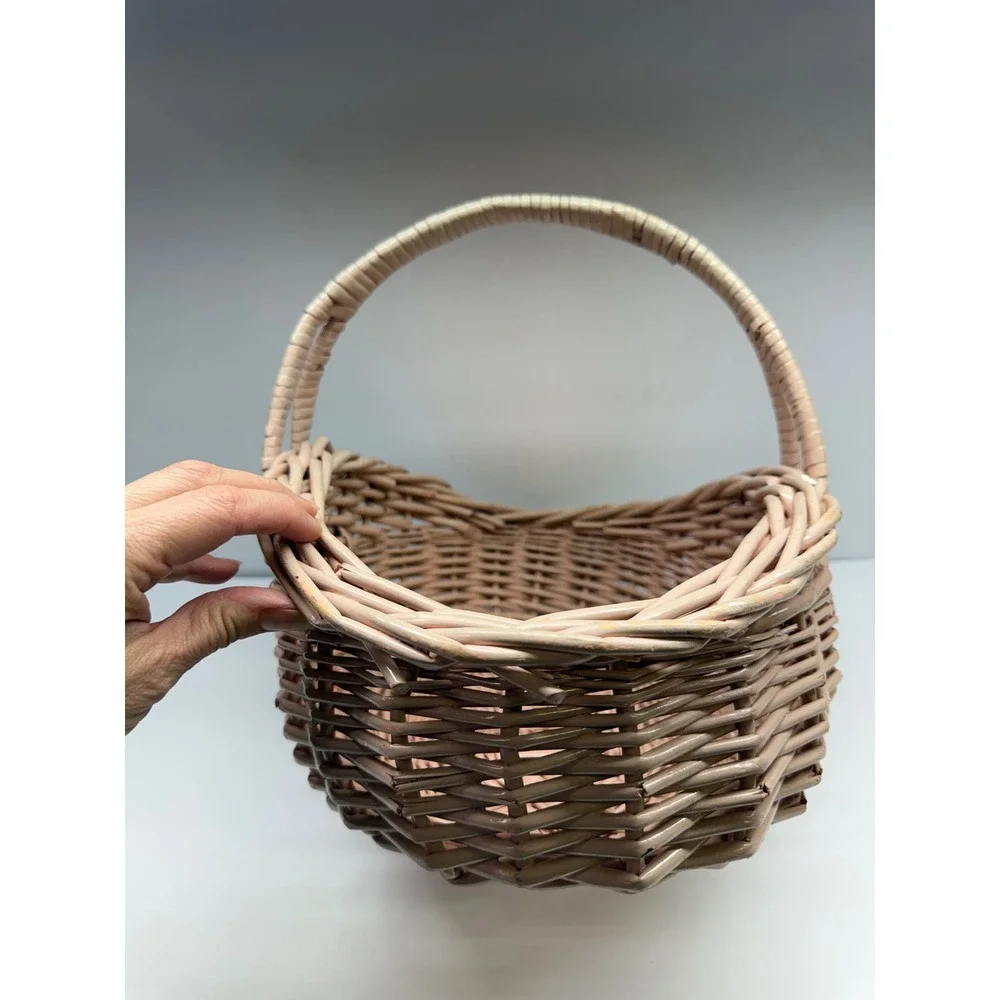 Vintage Pink Wicker Basket Oval Woven Easter Gift Basket with Handle 16 Inch